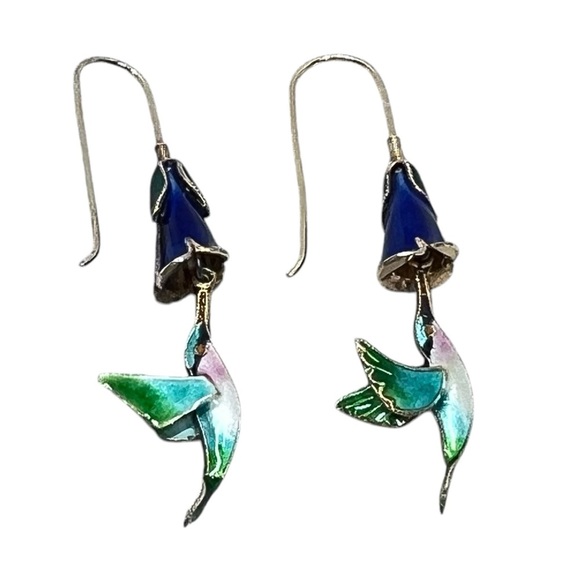 VINTAGE HUMMINGBIRD AND FLOWER Enameled 3D Dangle Drop Earrings - Picture 1 of 14